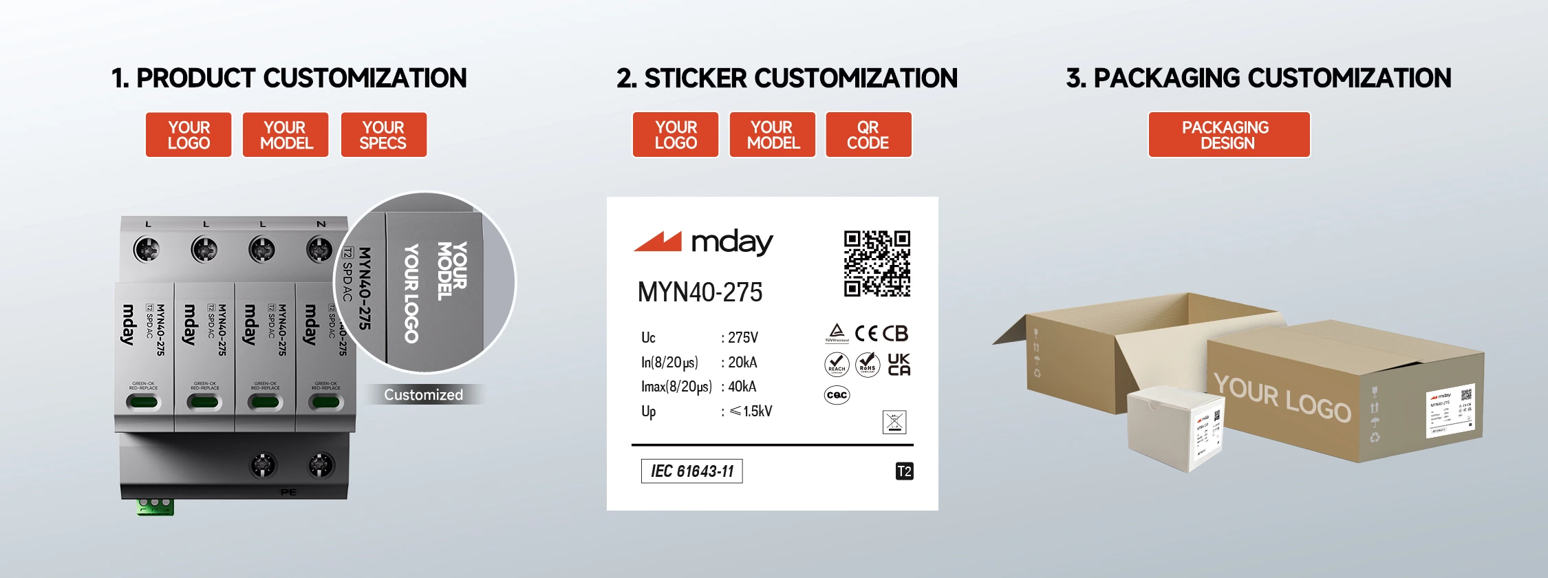 Mdn40-ac Arrester 1p 2p 3p 4p Type 2 Spd 30ka 60ka 385v Wall Mount Surge Protector